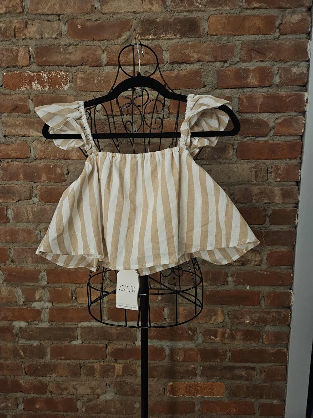 Adorable English Factory Beige and White Striped Ruffle Crop Top Size XS NWT